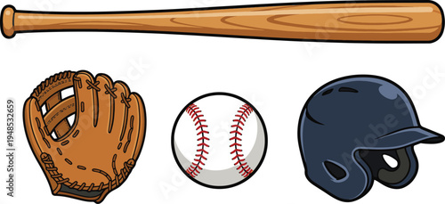 Baseball equipment including bat, glove, ball, and helmet on display