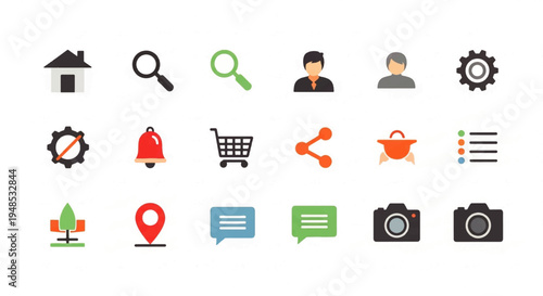 A collection of various flat design user interface icons for web and mobile applications.