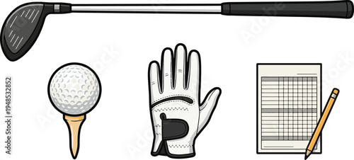 Golfers prepare for a game with clubs, gloves, and scorecards on a course.