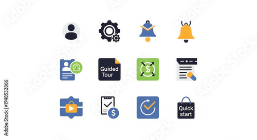 A collection of flat design business and administration icons including user profiles, settings, notifications, guided tours, finance, and quick start options.