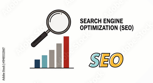 Digital marketing concept showing search engine optimization (SEO) with magnifying glass and bar chart.