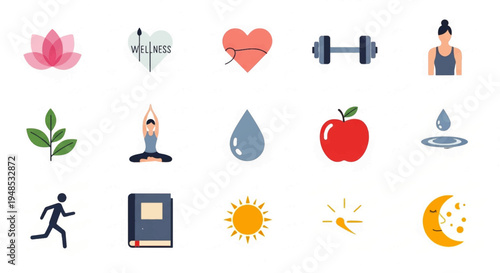 A collection of health and wellness icons including yoga, exercise, healthy food, nature, water, sun, and sleep.
