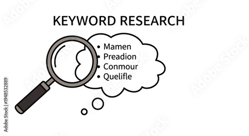 An illustration depicting keyword research with a magnifying glass examining a thought bubble containing a list of example keywords.