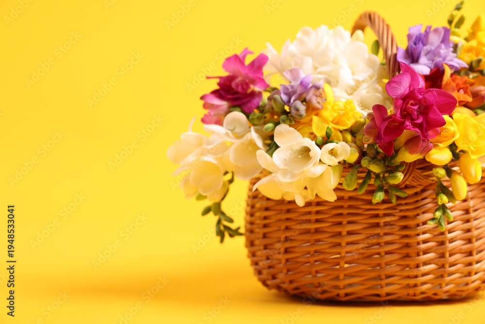 Obraz premium Beautiful freesia flowers in basket on yellow background, closeup. Space for text
