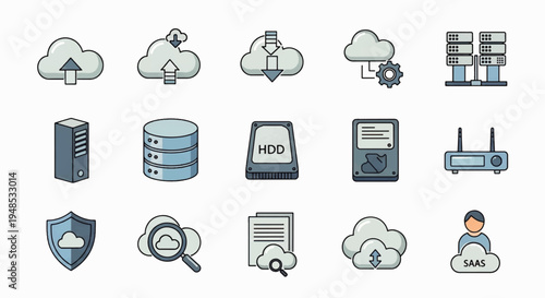 A comprehensive set of flat design icons representing various aspects of cloud computing, data storage, and network infrastructure.