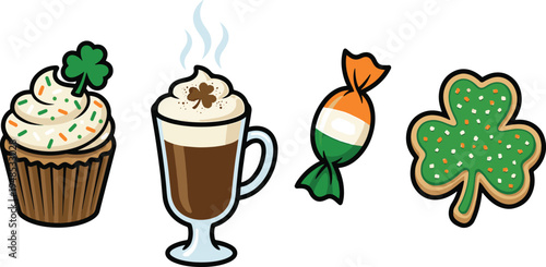 St. Patrick's Day treats arranged on a table with cupcake candy cookie and coffee