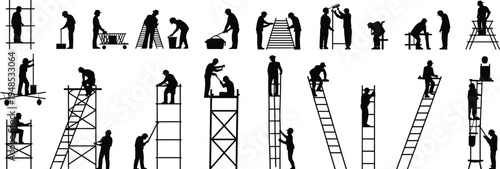 Construction worker silhouettes, ladder work, scaffolding, elevated platform, maintenance tasks, teamwork, safety equipment, building repair, 