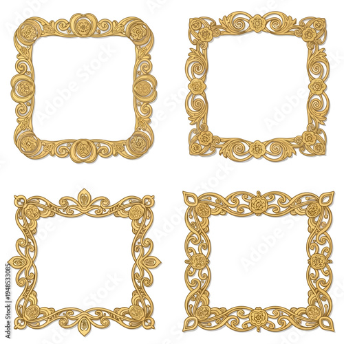 Set of Four Ornate Golden Decorative Frames with Floral Elements