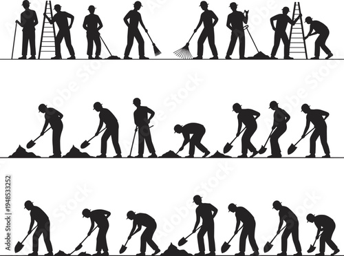 Construction workers digging with shovels, using ladders and rakes, team effort on site, manual labor, building project, work silhouettes collection