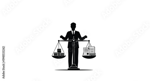 Businessman balancing technology and finance on scale, weighing laptop and money, symbolizing modern professional challenges and priorities in corporate world