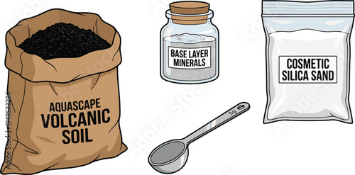The illustration shows a collection of materials for an aquascape setup including soil and sand with a spoon on a surface.