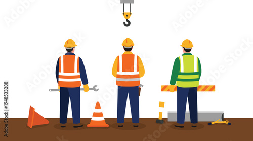 Construction workers in safety gear, reflective vests, hard hats, holding tools and equipment at building site, teamwork, flat vector illustration