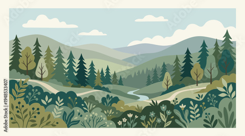 Scenic forest valley with layered pines shrubs and rolling hills