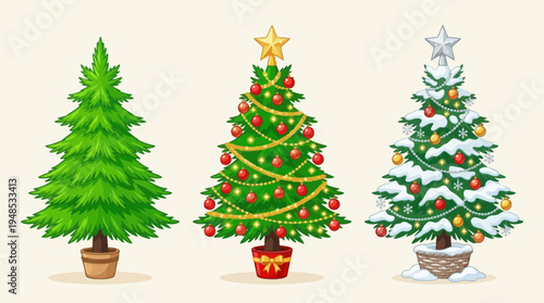 Three Christmas tree variations with plain decorated and snowy forms