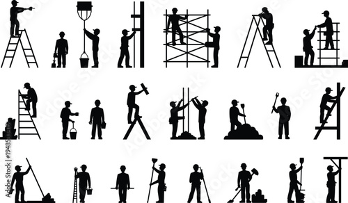 Construction workers silhouette set, building site laborers with tools, ladder and scaffold actions, black vector illustration for industrial project scenes