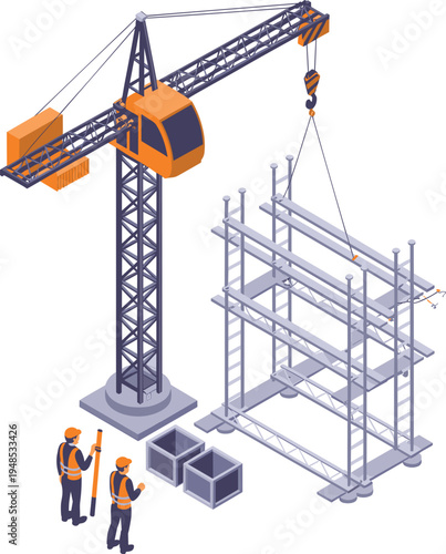 Construction workers operating crane for scaffolding installation, teamwork on industrial site, lifting materials, building structure assembly, safety equipment usage, flat vector illustration