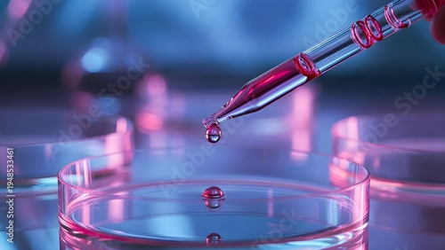 Petri dishes in the laboratory with pipette with drop of color liquid with blue background