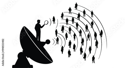 Businessman broadcasting message to audience through satellite dish communication technology