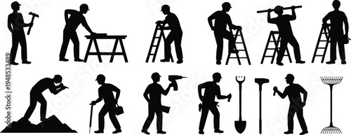 Construction workers silhouette vector, builder tools, men at work, black icons for labor industry, DIY project, repair illustration flat vector illustration