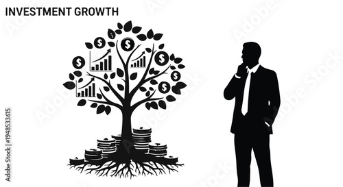 Businessman investor thinking about financial growth and investment strategy with money tree and dollar signs, symbolizing wealth and success in corporate finance