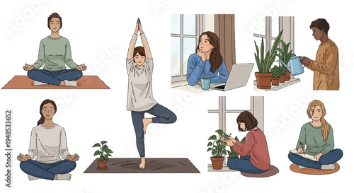 People practice yoga and meditation in a serene indoor garden environment with plants