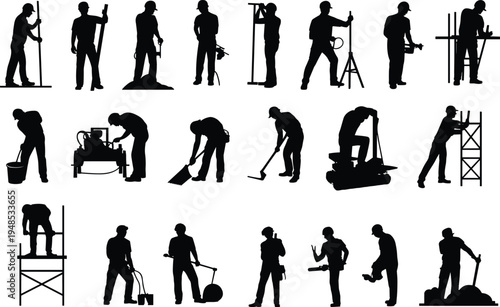 Construction workers silhouettes with tools, equipment, scaffolding, compactors, ground testing, survey instruments, working at site, building, engineering, repair tasks

 flat vector illustration