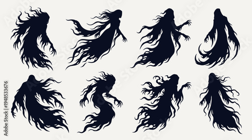 Set of haunting wraith ghosts with shadowy floating silhouettes