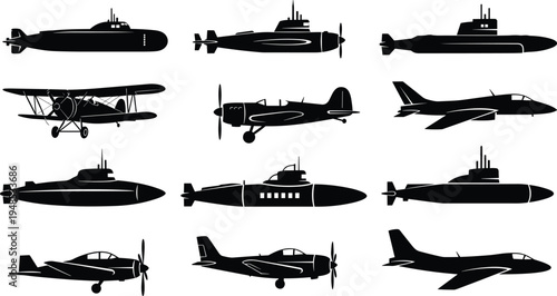 Collection of military aircraft and submarine silhouettes including fighter jets, propeller planes and naval submarines, vintage aviation and navy transport illustration set