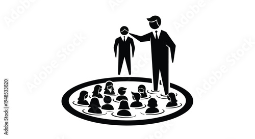 Businessman leader standing on circle of people team leadership concept in black and white illustration for corporate marketing