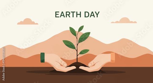 Hands nurturing a young plant on Earth Day in a desert landscape