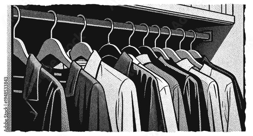 Clothes Hanging on a Closet Rack, Wardrobe in Vintage Halftone Style 