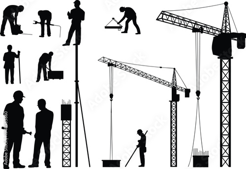 Construction workers silhouettes with tower cranes, industrial machinery, site activities, heavy equipment operation, engineering teamwork, building process, flat vector illustration
