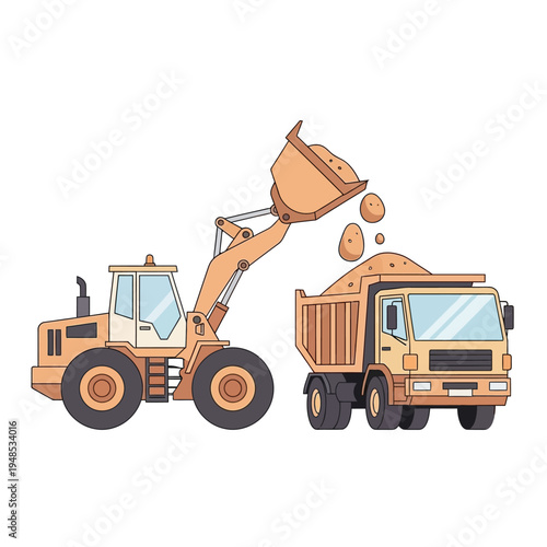 Construction Loader Dumping Sand into Dump Truck - Vector Illustration