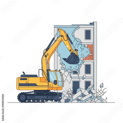 Excavator Demolishing Building