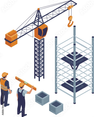 Construction workers using crane for steel frame assembly, teamwork on building site, engineering project planning, industrial safety, flat vector illustration