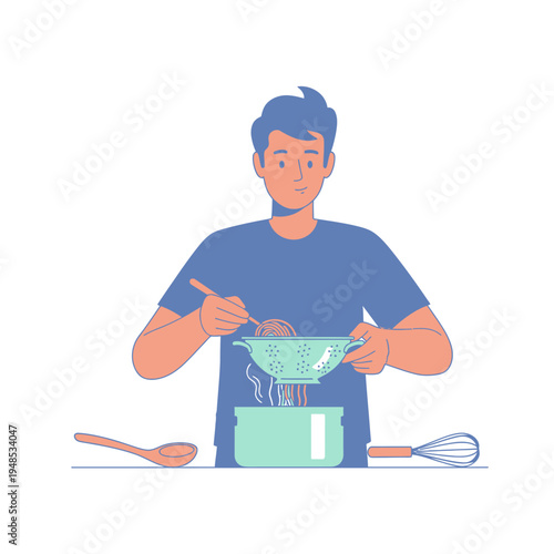 Man cooking pasta in kitchen, draining noodles in colander, healthy homemade food