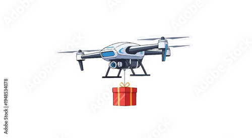 A drone flies with a gift box in the air outdoors.