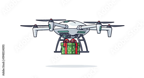 A drone flies carrying a gift box in the air with propellers spinning.