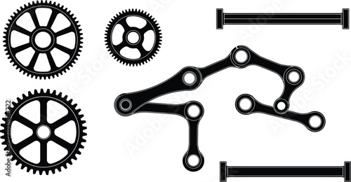 Mechanical gears and linkage parts collection, industrial engineering components including cogwheels, rods and joints in monochrome technical illustration isolated on light background