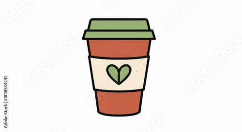 A cartoon illustration of a disposable coffee cup with a green lid and heart design on the sleeve.
