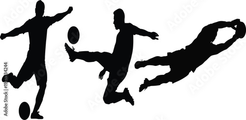 Dynamic silhouette of three soccer players in motion kicking a ball