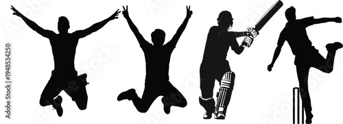 Silhouettes of four people jumping and celebrating in a cricket match with joy and excitement
