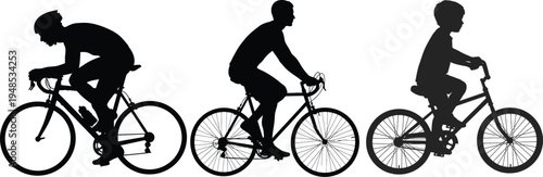 Silhouette of three cyclists in different riding positions on bicycles
