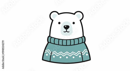 A cute polar bear wearing a green sweater with white patterns looks straight ahead.