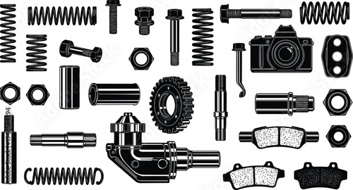Mechanical parts and hardware components collection including springs, bolts, gears and camera, detailed monochrome engineering tools illustration set isolated on light background