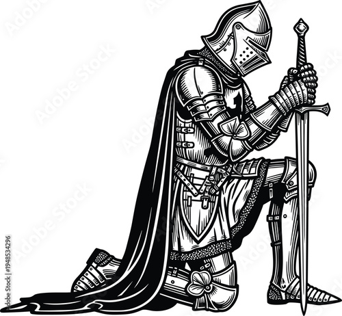 Medieval knight kneeling with sword in prayer pose, detailed armored warrior illustration in vintage engraving style isolated on light background