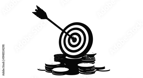 Business target success concept with arrow hitting bullseye on stack of coins financial goal achievement in black and white
