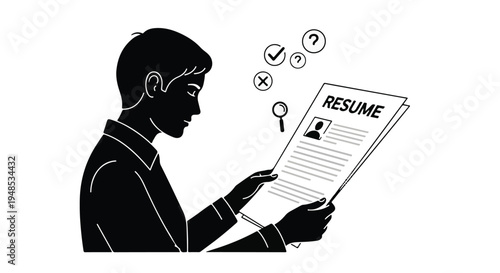 Young professional man reviewing resume and qualifications for job application in modern career development concept