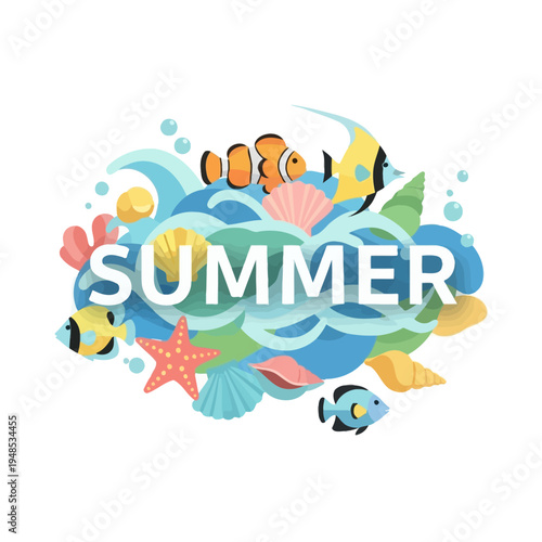 Summer Vacation Tropical Ocean Life with Clownfish, Starfish and Seashells