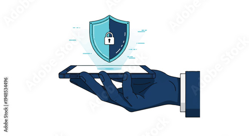 A hand holds a smartphone with a shield and lock icon emerging from it.